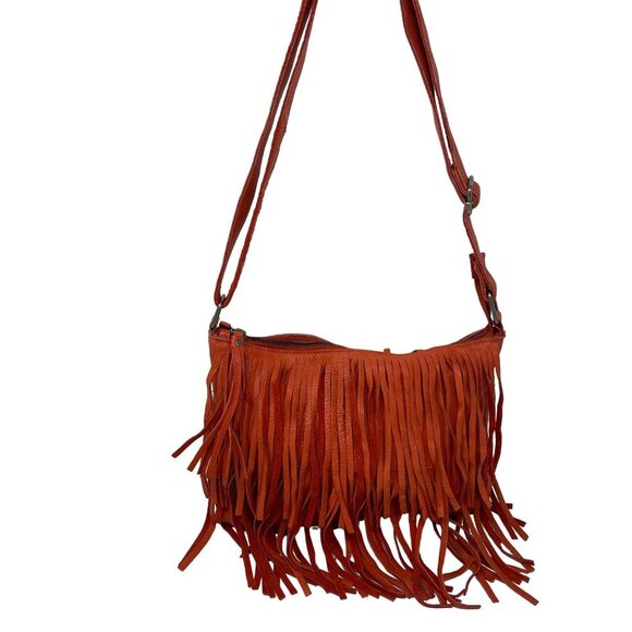 Cut n' Paste Fringe Orange Leather Purse Adjustable Strap Boho Slouchy - Picture 3 of 8